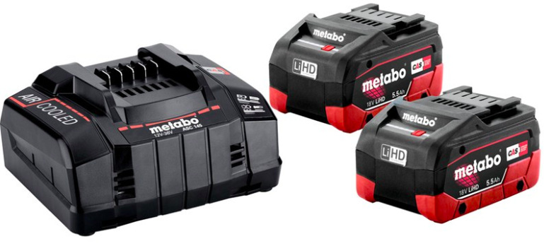 Set baterie a nabíječky Metabo Basic set 2× 5,5 Ah LiHD 685122000 s dvěma 18V akumulátory a rychlonabíječkou ASC 145