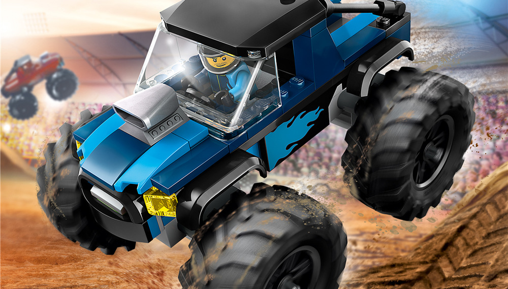 Modrý monster truck s obrovskými pneumatikami zvládne závody, skoky i pomyslné terénní překážky.