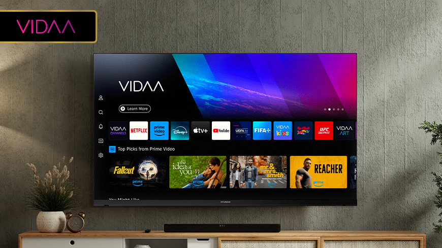 Televize Hyundai HL 327602V Chytrá televize Hyundai s operačním systémem VIDAA: Přehledné uživatelské rozhraní s aplikacemi Netflix, Prime Video, Disney+, Apple TV+, YouTube a FIFA+. Logo v rohu: VIDAA.