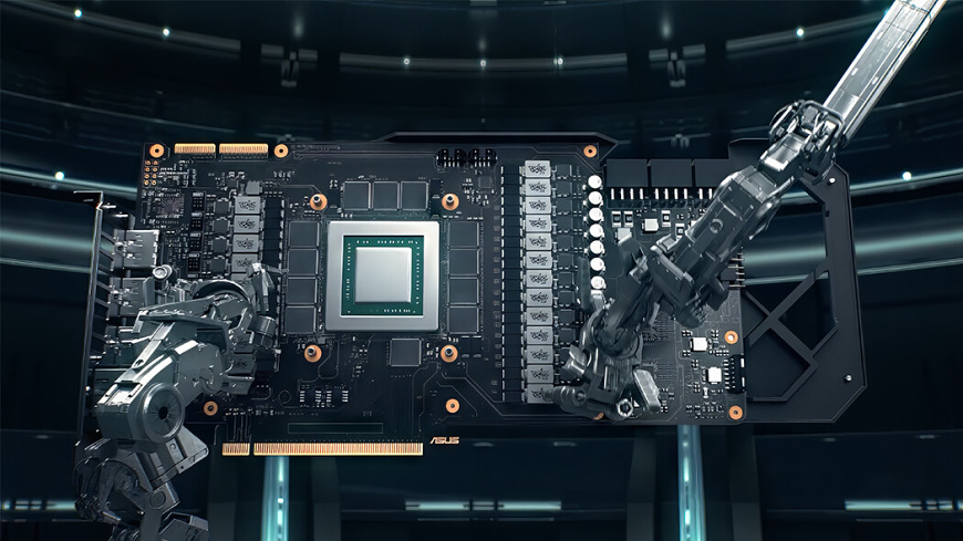 Detail PCB grafické karty Asus vyráběné technologií Auto-Extreme s robotickou přesností