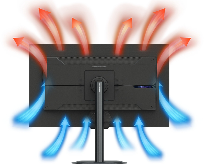 Herní monitor GIGABYTE M27UP černý Herní monitor GIGABYTE M27UP zezadu a šipky znázorňující čtyřstranné chlazení