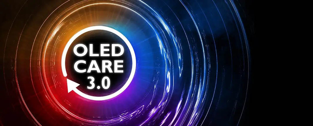  Barevné kruhové světelné vzory s nápisem „OLED Care 3.0“ uprostřed, které vytvářejí technologický a futuristický vzhled.
