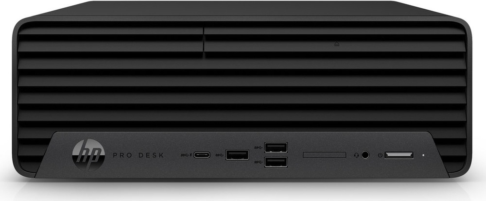 Stolní počítač HP Pro SFF 400 G9 černý Na obrázku je čelní pohled na kompaktní stolní počítač HP Pro SFF 400 G9 v černém provedení. Horní část čela tvoří široká ventilační mřížka s vodorovnými lamelami. Ve spodní části je šikmo zapuštěný ovládací panel s logem HP a nápisem ProDesk, dále s USB-C portem, třemi USB porty, úzkým slotem, konektorem pro sluchátka, tlačítkem zapnutí a dalším úzkým slotem vpravo.