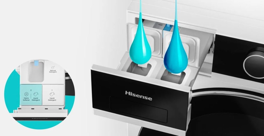 Pračka se sušičkou Hisense WD5I1245BWRH bílá pootevřená zásuvka pračky gorenje, nad ni jsou dvě kapky jako znázornění automatického davkovani praciho gelu do dvou komor.