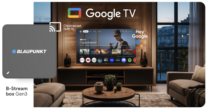 Multimediální centrum Blaupunkt připojené k Google TV s funkcemi Chromecast a Google Assistant