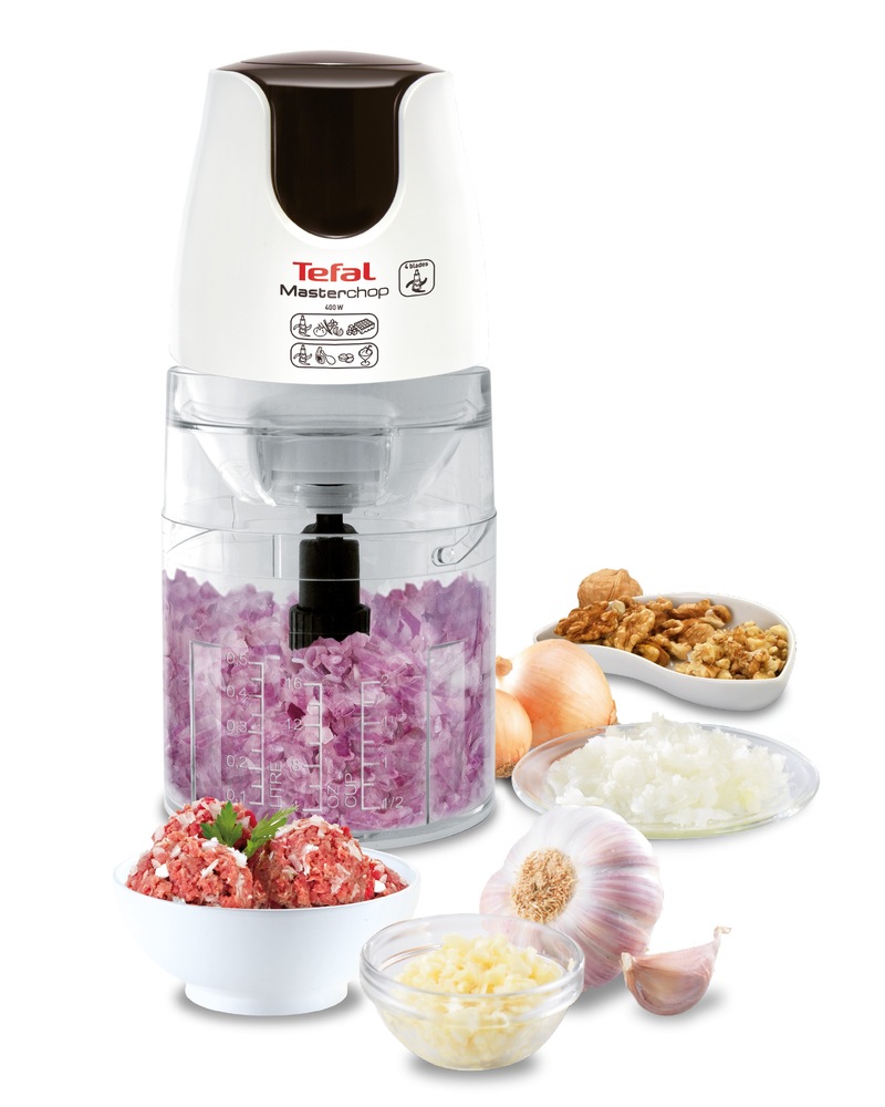 Sekáček potravin Tefal MB450B38 Masterchop XL šedý/bílý Sekáček potravin Tefal MB450B38 Masterchop XL a nasekané surovin jako je česnek, cibule, maso a oříšky
