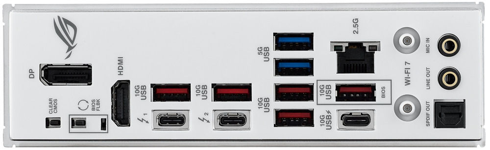 Na čelním pohledu na zadní I/O panel uvidíte 2× Thunderbolt 4 (USB-C), dále 1× USB-C 10 Gb/s s podporou PD rychlonabíjení až 30 W, k tomu 5× USB-A 10 Gb/s a ještě 2× USB-A 5 Gb/s pro běžné periferie. Pro obraz jsou tu 1× DisplayPort a 1× HDMI, síť řeší 1× RJ-45 (Intel 2,5Gb Ethernet) a bezdrátově je připravený 1× modul Wi-Fi. Zvuk je vyveden přes 1× optický S/PDIF a 2× 3,5mm audio jack, a nechybí ani servisní tlačítka 1× BIOS FlashBack a 1× Clear CMOS pro rychlou obnovu a ladění.