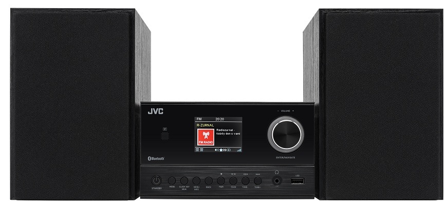 Mikrosystém JVC UX-E225B černý Čelní pohled na mikrosystém JVC UX-E225B v elegantním černém provedení s LCD displejem, ovládacím knoflíkem a USB vstupem, doplněný o dva stereo reproduktory