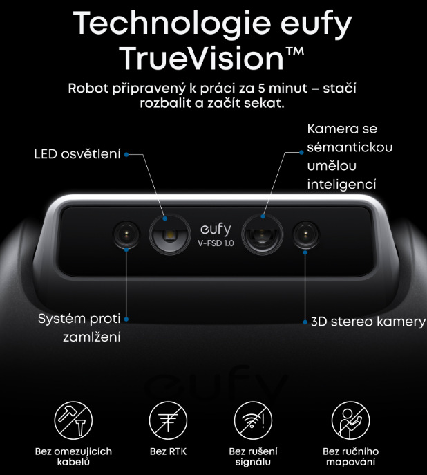 Technologie TrueVision robotické sekačky Anker eufy C15 s kamerovou navigací bez kabelů a RTK systému