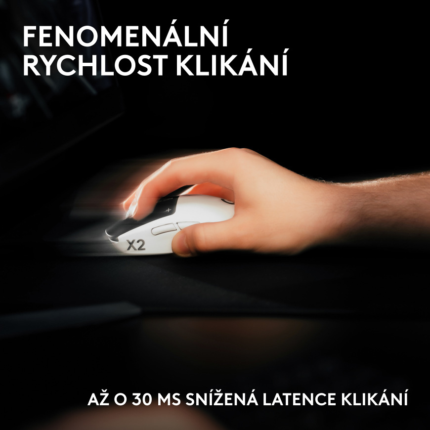 Myš Logitech G PRO X 2 Superstrike bílá Ilustrační snímek rychlého klikání s důrazem na sníženou latenci hlavních tlačítek