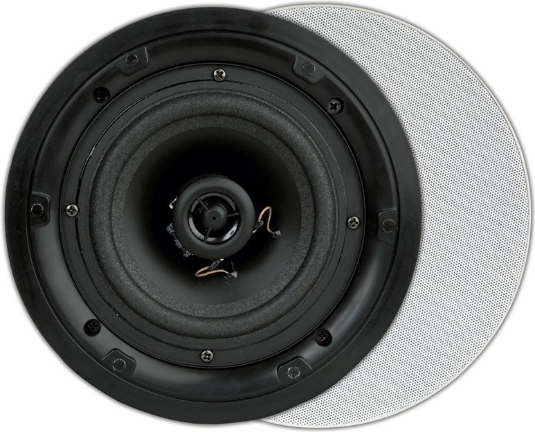 Na obrázku je vestavný stropní reproduktor ArtSound FL401. Vepředu je vidět samotný černý reproduktor s kruhovým rámečkem, středovým výškovým měničem a větším kuželem kolem něj. Vedle něj je položená bílá perforovaná krycí mřížka, která se na reproduktor nasazuje po montáži do stropu.