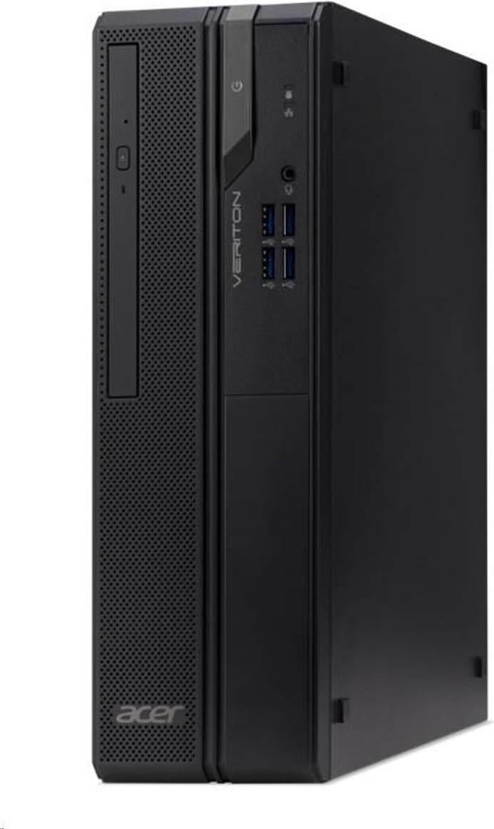 Stolní počítač Acer Veriton X2722G černý Na obrázku je stolní počítač Acer Veriton X2722G i3-14100 v černém provedení z předního šikmého pohledu. Skříň má kompaktní kancelářský tvar, perforovaný čelní panel pro proudění vzduchu a svislou optickou mechaniku. Ve spodní části přední mřížky je logo Acer. Na pravém ovládacím panelu se nachází tlačítko napájení, 3,5mm audio konektor a čtyři porty USB-A, které jsou modře označené. Svislý nápis Veriton doplňuje střídmý pracovní design. Pravý boční panel je hladký a bez výrazných dekorativních prvků.