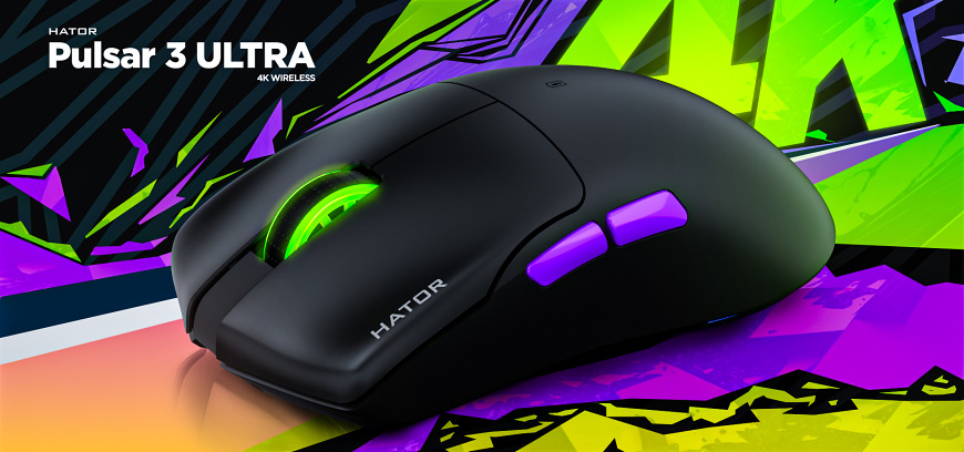 Myš HATOR Pulsar 3 ULTRA černá HATOR Pulsar 3 Ultra 4K Wireless s podsvíceným kolečkem na výrazném grafickém pozadí