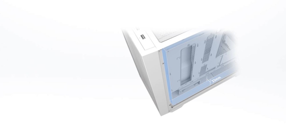Case Asus A21 PLUS TG ARGB bílá Elegantní bílá skříň počítače s průhledným bočním panelem, který odhaluje vnitřní ventilační otvory a porty. Minimalistický design vyjadřuje modernost a sofistikovanost.