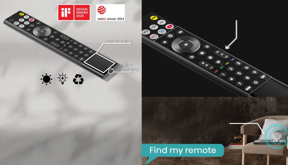 dálkový ovladač Solar Remote k televizi Hisense. Je vidět nabíjení pomocí solarního záření nebo USB-C.
