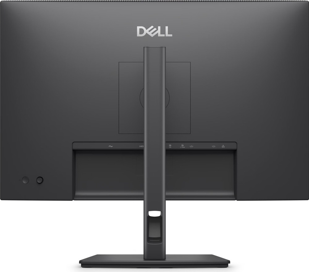 Zadní pohled na černý monitor Dell Pro P2426E s logem Dell, středovým stojanem, průchodkou pro kabely a spodním panelem s konektory pro napájení, HDMI, DisplayPort, USB-A, USB-C a RJ-45.