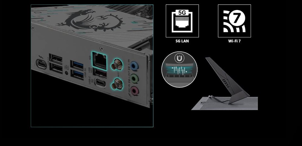 Základní deska MSI B860M GAMING PLUS WIFI Zadní panel základní desky počítače obsahuje několik portů USB, audio konektory a ethernetový port. Ikony zvýrazňují podporu 5G LAN a Wi-Fi 7.