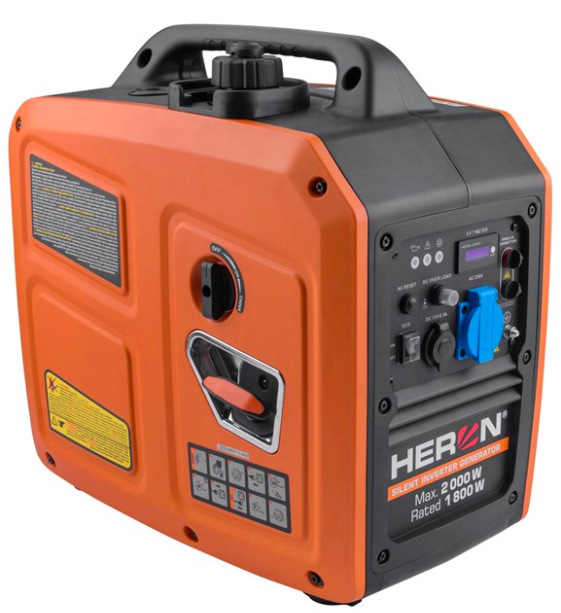Oranžová přenosná invertorová elektrocentrála HERON 8896223 s výkonem 2 000 W a horním madlem