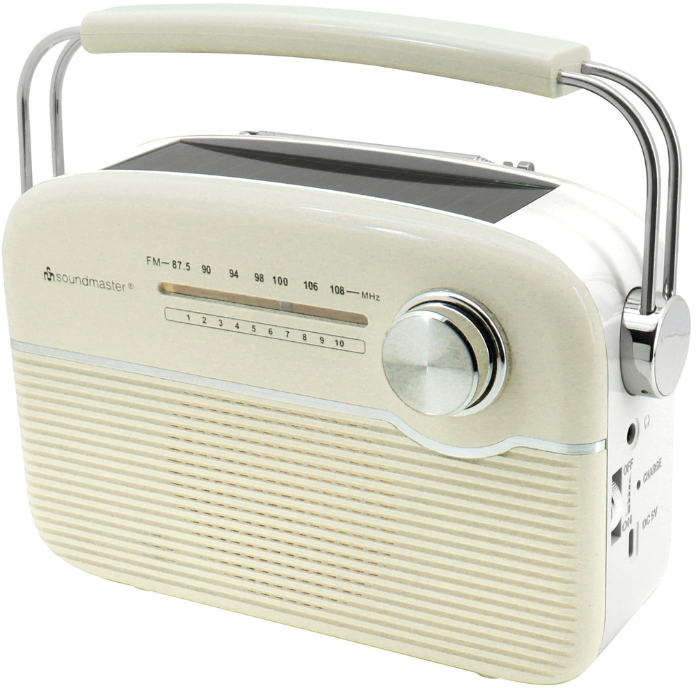 Radiopřijímač Soundmaster TR480BE stříbrný/béžový Boční pohled na rádio Soundmaster TR480BE s viditelným konektorem pro sluchátka a USB-C nabíjecím portem.