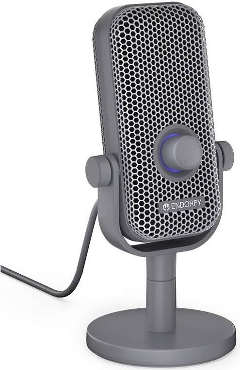 Stolní mikrofon Endorfy Solum Voice S v šedé barvě s modře podsvíceným ovladačem.