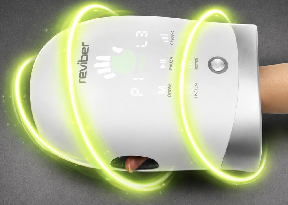 Masážní přístroj Reviber RV-HDMS Shiatsu bílý Masážní přístroj Reviber Shiatsu s vloženou rukou a znázorněným 360° působením