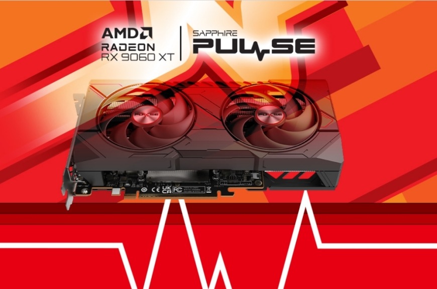 Grafická karta Sapphire Pulse AMD Radeon RX 9060 XT GAMING 16GB Sapphire Pulse Radeon RX 9060 XT 16GB v dynamické červené grafice zdůrazňující herní výkon