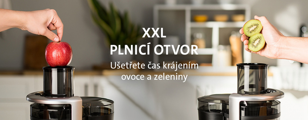 Odšťavňovač ETA Frugo s XXL plnicím otvorem na celé ovoce s textem „XXL plnicí otvor – Ušetřete čas krájením ovoce a zeleniny