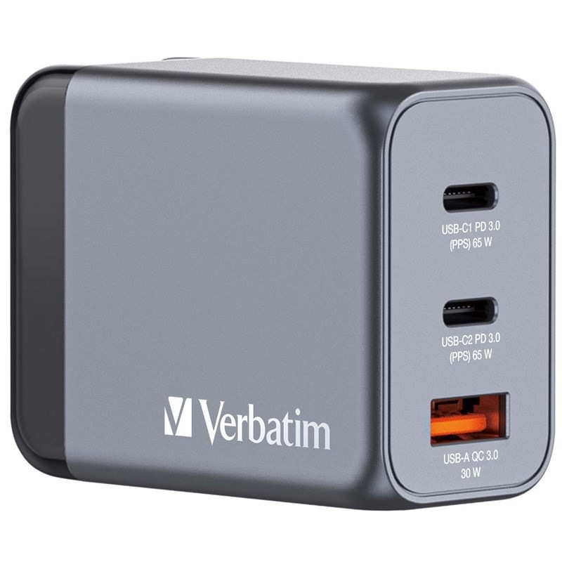 Cestovní adaptér Verbatim GNC-65 GaN 65W, 2x USB-C PD 65W, 1x USB-A QC 3.0 stříbrný