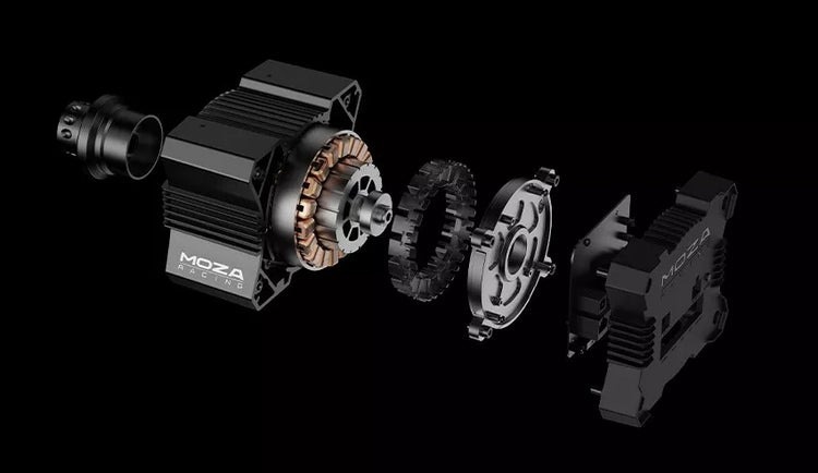Sada Moza Racing R5 + volant ES + SRP-Lite + svorky R5 (PC) černá Záběr na vnitřní komponenty základny volantu R5 na černém pozadí.