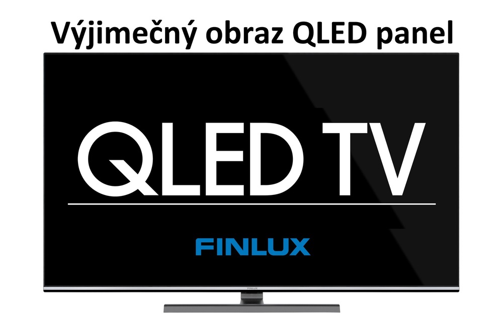 Televize Finlux, na obrazovce je nápis QLED TV FINLUX, nad obrazovkou je nápis Výjimečný obraz QLED panel