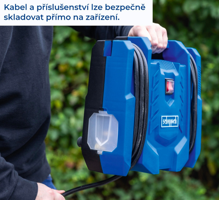 Integrované madlo a navinutý kabel kompresoru Scheppach Air Force 7 pro snadnou manipulaci