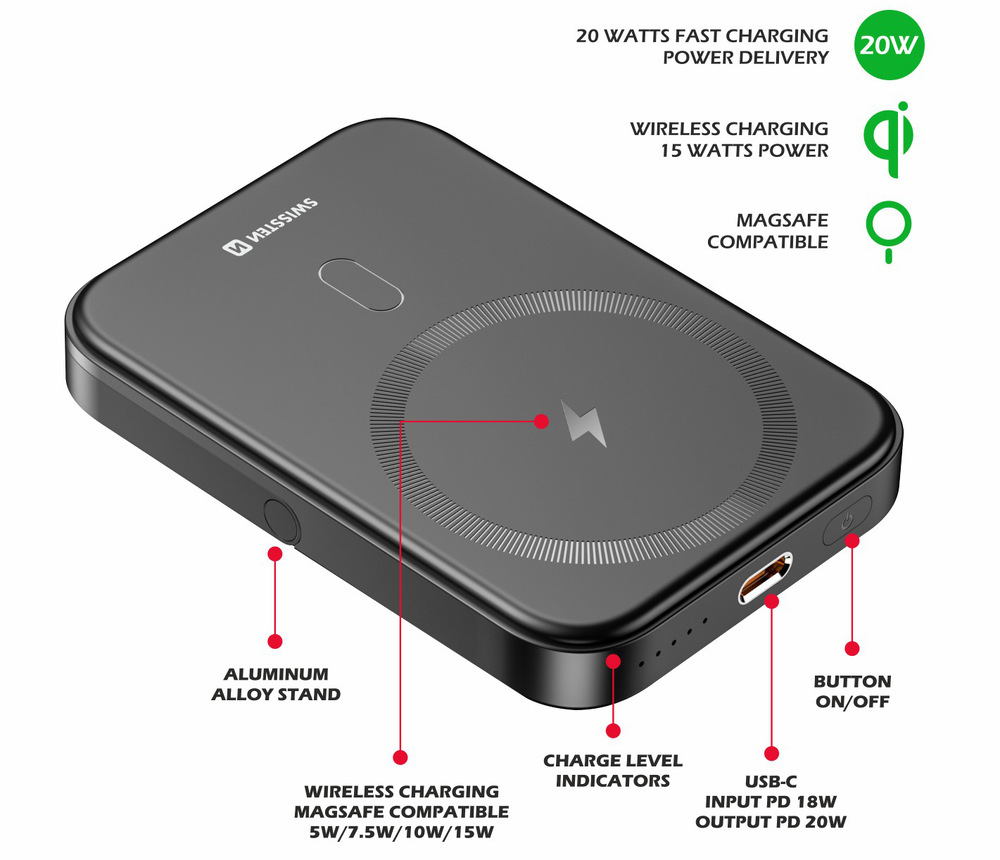 Powerbanka Swissten 5000 mAh, PD 20W (kompatibilní s MagSafe) černá Powerbanka Swissten 5000 mAh, PD 20W (kompatibilní s MagSafe) černá