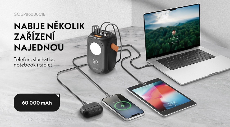 Powerbanka GoGEN 60 000 mAh, PB600001B, PD65W černá/oranžová Powerbanka GoGEN 60000mAh, nabíjení zařízení