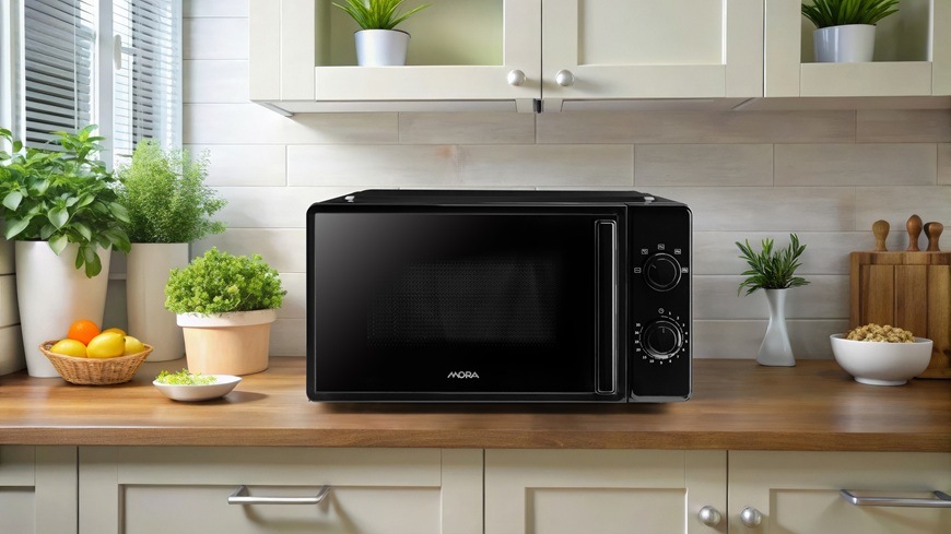 Na obrázku je mikrovlnná trouba Mora MT122B, umístěná na kuchyňské lince