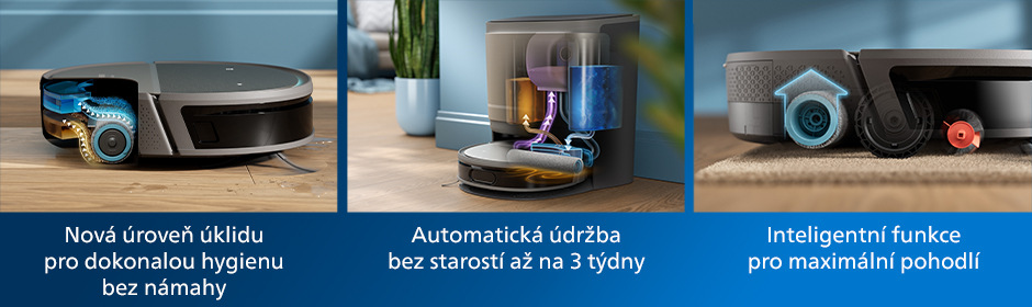 Robotický vysavač se stanicí Philips XU9100/10 na podlaze samostatně i s nabíjecí stanicí
