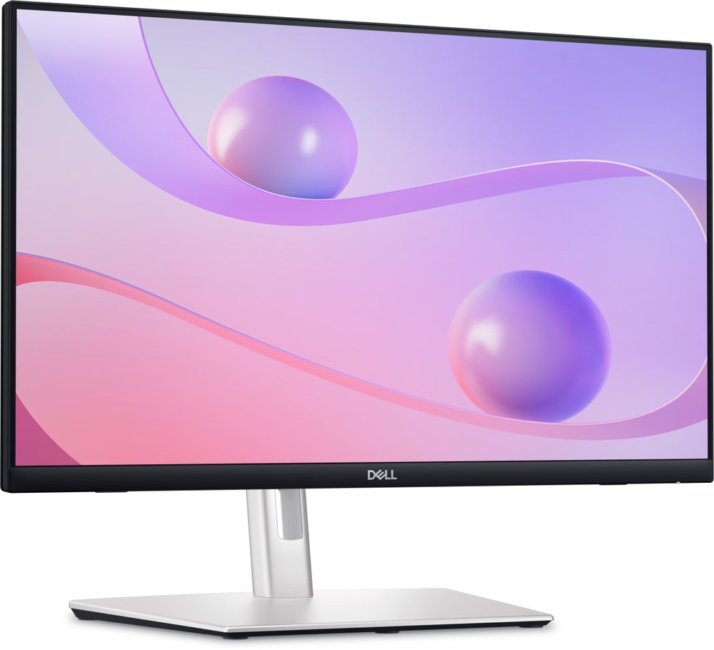 Monitor Dell P2424HT černý/stříbrný Zapnutý monitor Dell P2424HT 24" s růžovou tapetou natočený doprava