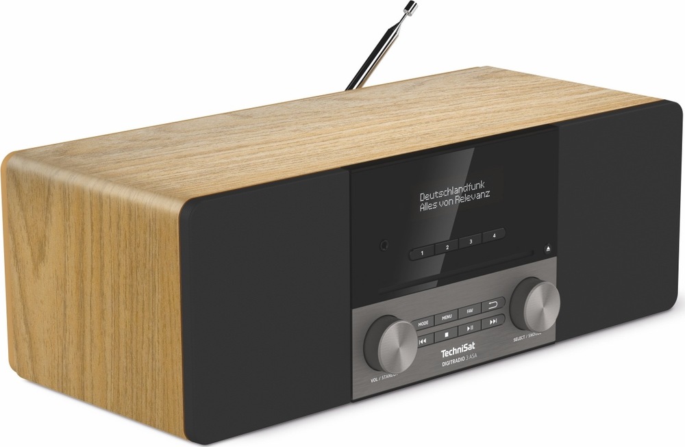 Radiopřijímač DAB+/CD TechniSat DIGITRADIO 3 ASA hnědý Hnědý radiopřijímač TechniSat z levého šikmého pohledu. Displej zobrazuje režim Bluetooth, pod ním jsou tlačítka, dva otočné ovladače a štěrbinová CD mechanika. Po stranách se nacházejí reproduktory, vzadu vyčnívá anténa.