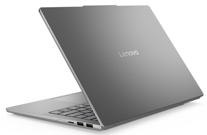 Notebook Lenovo IdeaPad Slim 5 14AKP10 šedý Zadní strana šedého notebooku Lenovo s logem na hliníkovém víku a bočními porty