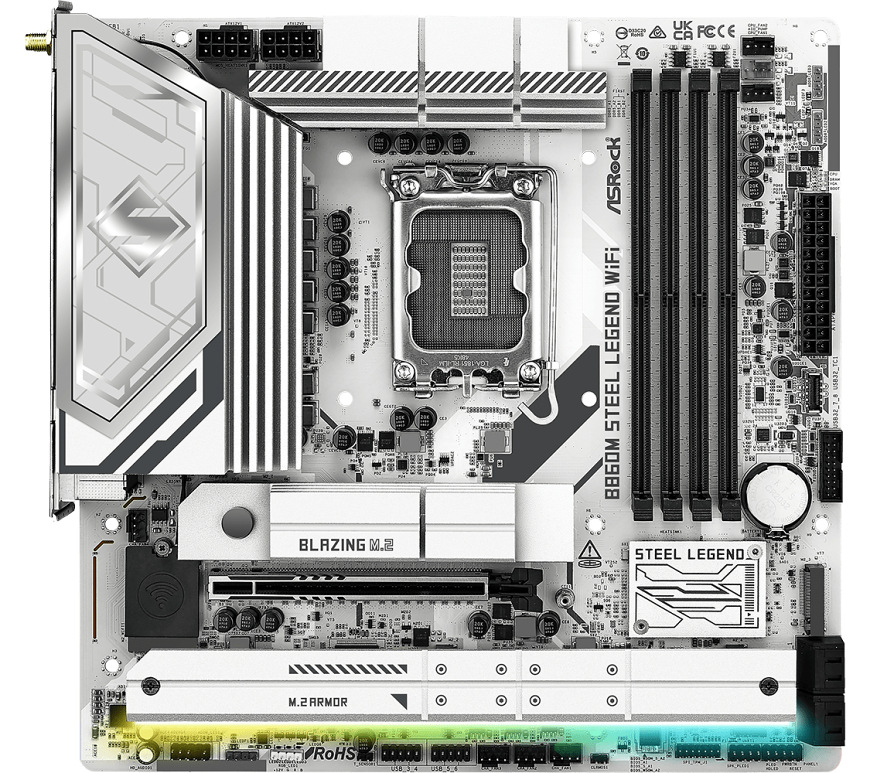 Základní deska ASRock B860M Steel Legend WiFi v bílém provedení s robustními chladiči a DDR5 sloty