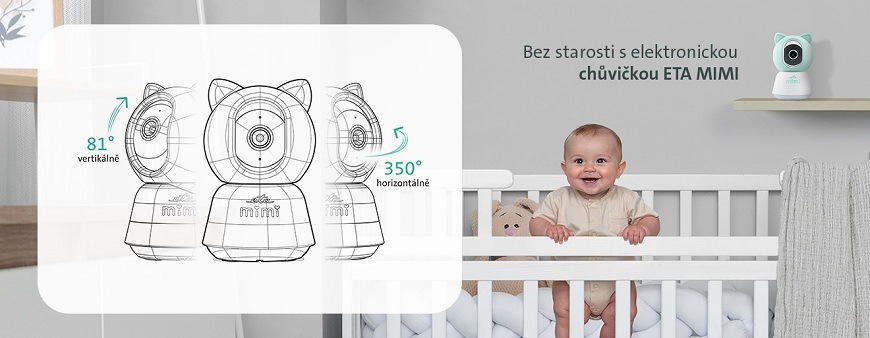 Dětská elektronická chůva ETA MIMI 9306 90000 bílá Infografika dětské chůvičky ETA MIMI 9306 ukazující rozsah otáčení kamery 350° horizontálně a 81° vertikálně. Na obrázku je usmívající se miminko v postýlce a chůvička umístěná na polici