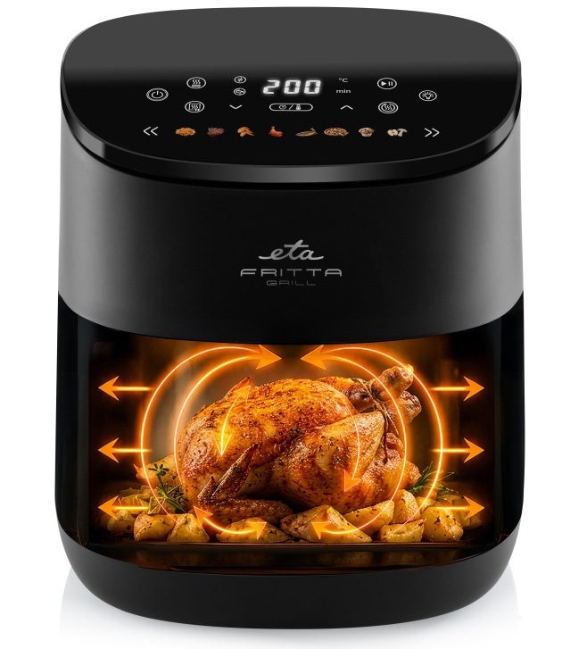 Fritéza horkovzdušná ETA Fritta Grill 1167 90000 černá Černá horkovzdušná fritéza ETA Fritta Grill s průhledným okénkem zobrazujícím pečení celého kuřete s bramborami a grafikou cirkulace horkého vzduchu