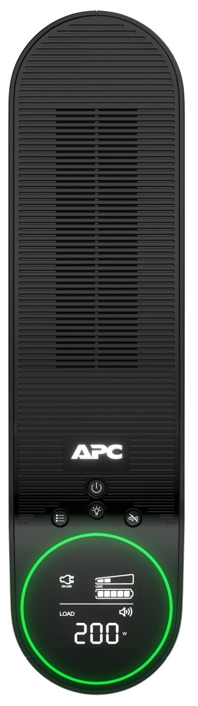 Na obrázku je horní pohled na záložní zdroj APC Pro 2200VA for Gaming. Je to vysoká černá věž se zaobleným vrchem a celou přední stranou tvořenou jemnou větrací mřížkou. Přibližně v dolní třetině je svítící logo APC. Úplně dole je velký kulatý LCD displej se zeleným světelným kroužkem, který ukazuje ikony stavu a velké číslo „200 W“. Nad displejem jsou tlačítka, včetně tlačítka napájení.