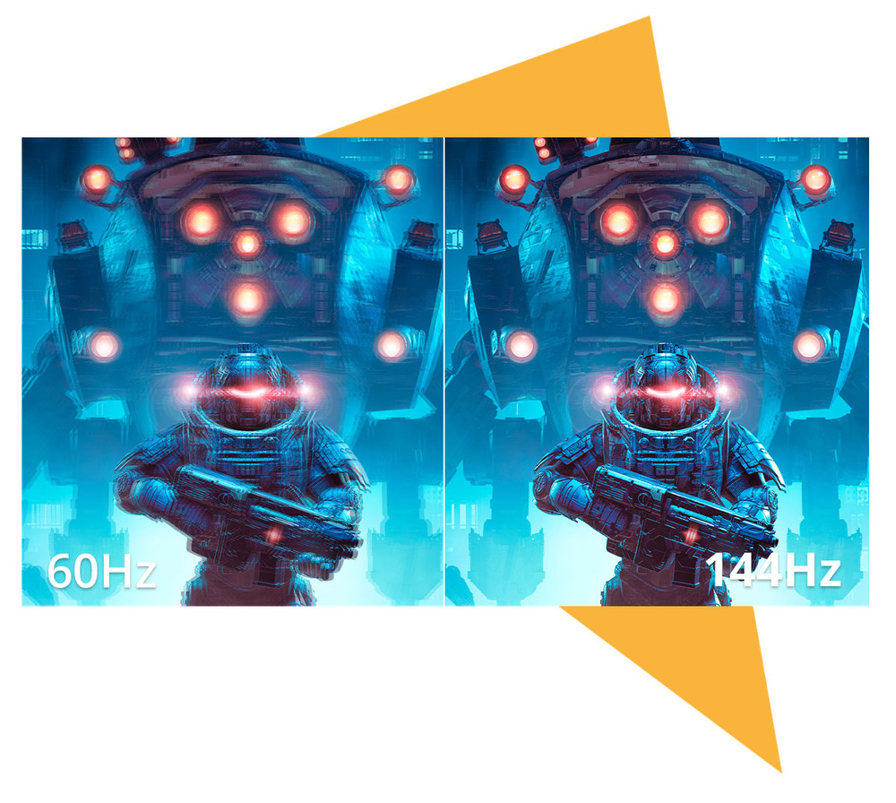 Herní monitor AOC Q24B36X černý Futuristický voják se zářícími světly stojí před robotem, zobrazen dvakrát. Vlevo je rozmazaný, označený 60 Hz; vpravo je ostrý, označený 144 Hz.