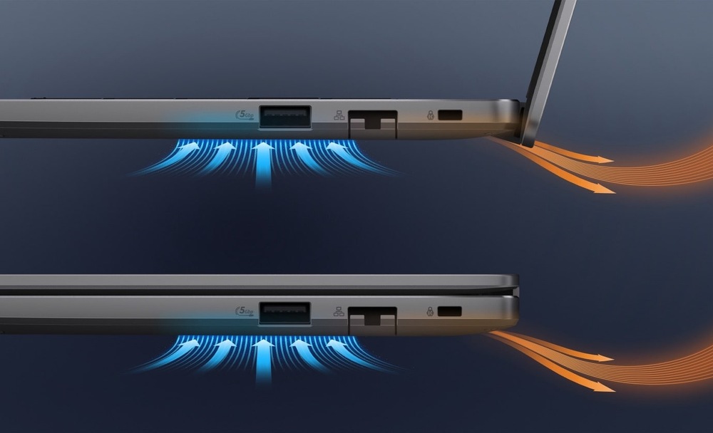 Notebook Asus ExpertBook P3 G2 šedý Ilustrace odvádění tepla z notebooku Asus ExpertBook P3 G2
