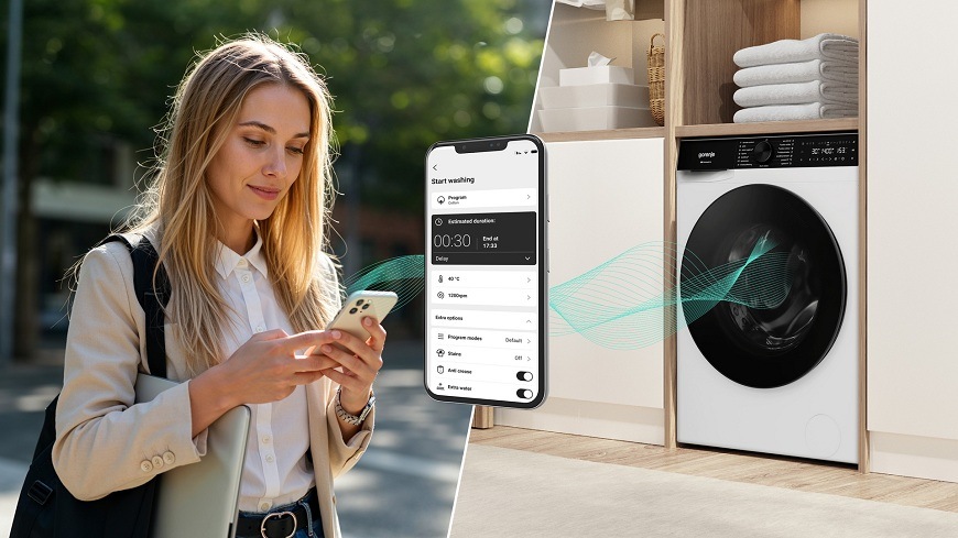 žena ovládá pračku gorenje WS674A mobilem