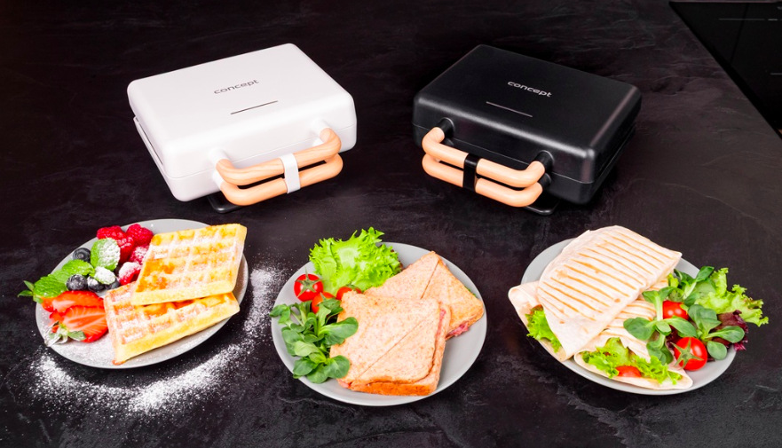 Sendvičovač Concept SV3090 3v1 bílý Bílý a černý sendvičovač 3 v 1 s připravenými vaflemi, tousty a grilovaným panini