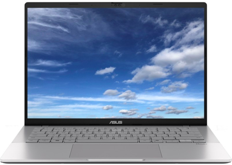Stříbrný notebook ASUS Vivobook S14 AMD Ryzen AI 7 445 s 14″ OLED displejem