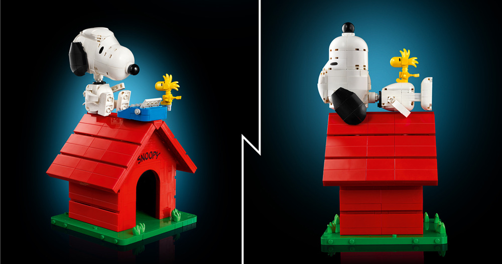 Stavebnice LEGO® Ideas 21368 Peanuts: Snoopyho bouda Odejmutí boudy z podstavce a otevření stěn odhalí scénu s hvězdnou oblohou, táborákem a Pískalem.
