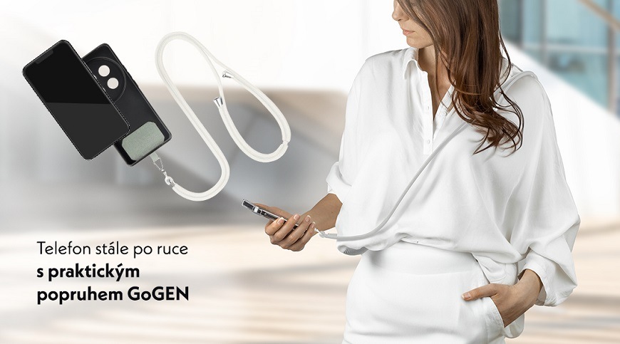 Popruh na krk GoGEN NPL160 pro telefony, univerzální béžový GoGEN Šnůrka na mobil, bílá