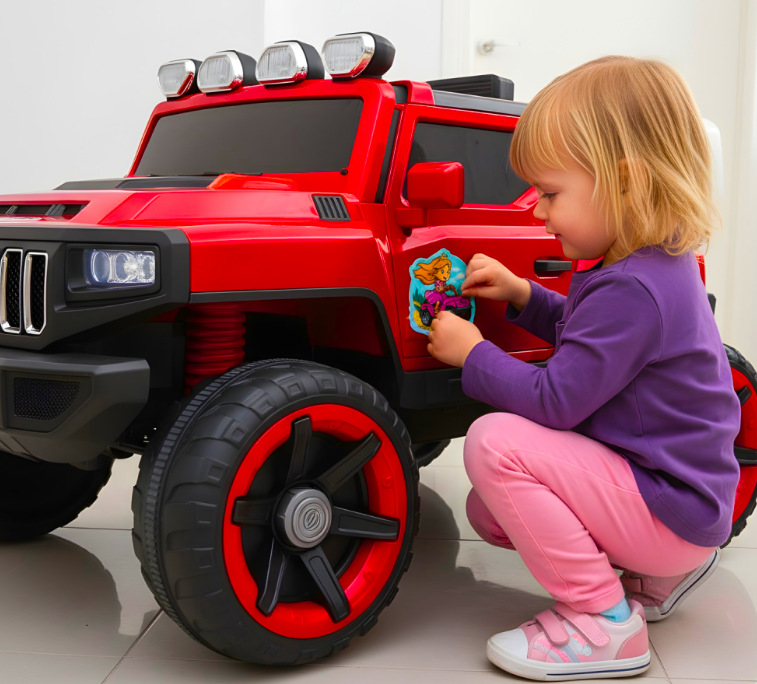 Elektrické autíčko Bluetouch off-road červený Holčička zdobí dětské elektrické autíčko BLUETOUCH samolepkou při hraní doma